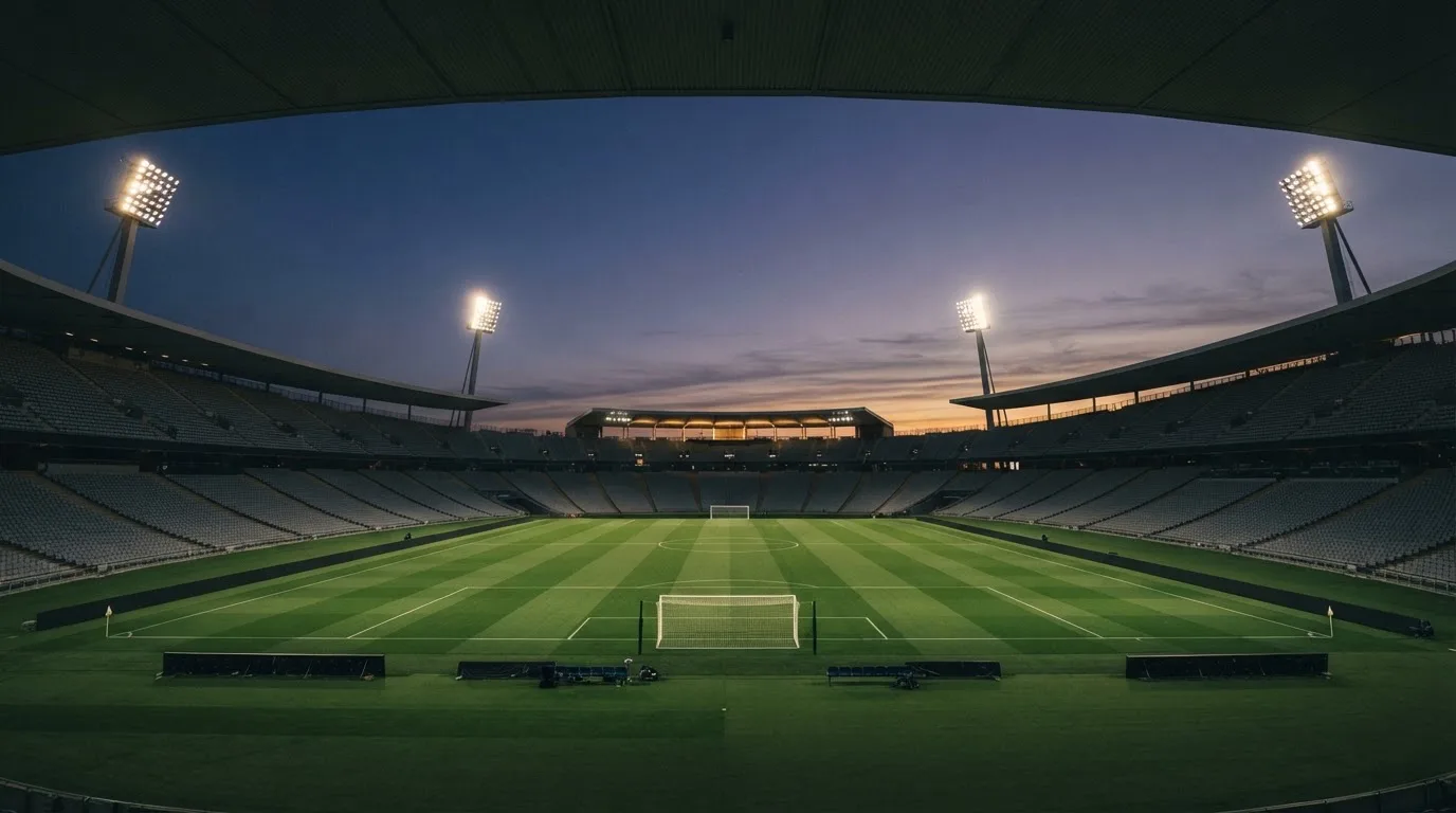 Een leeg voetbalstadion met lichtmasten bij schemering