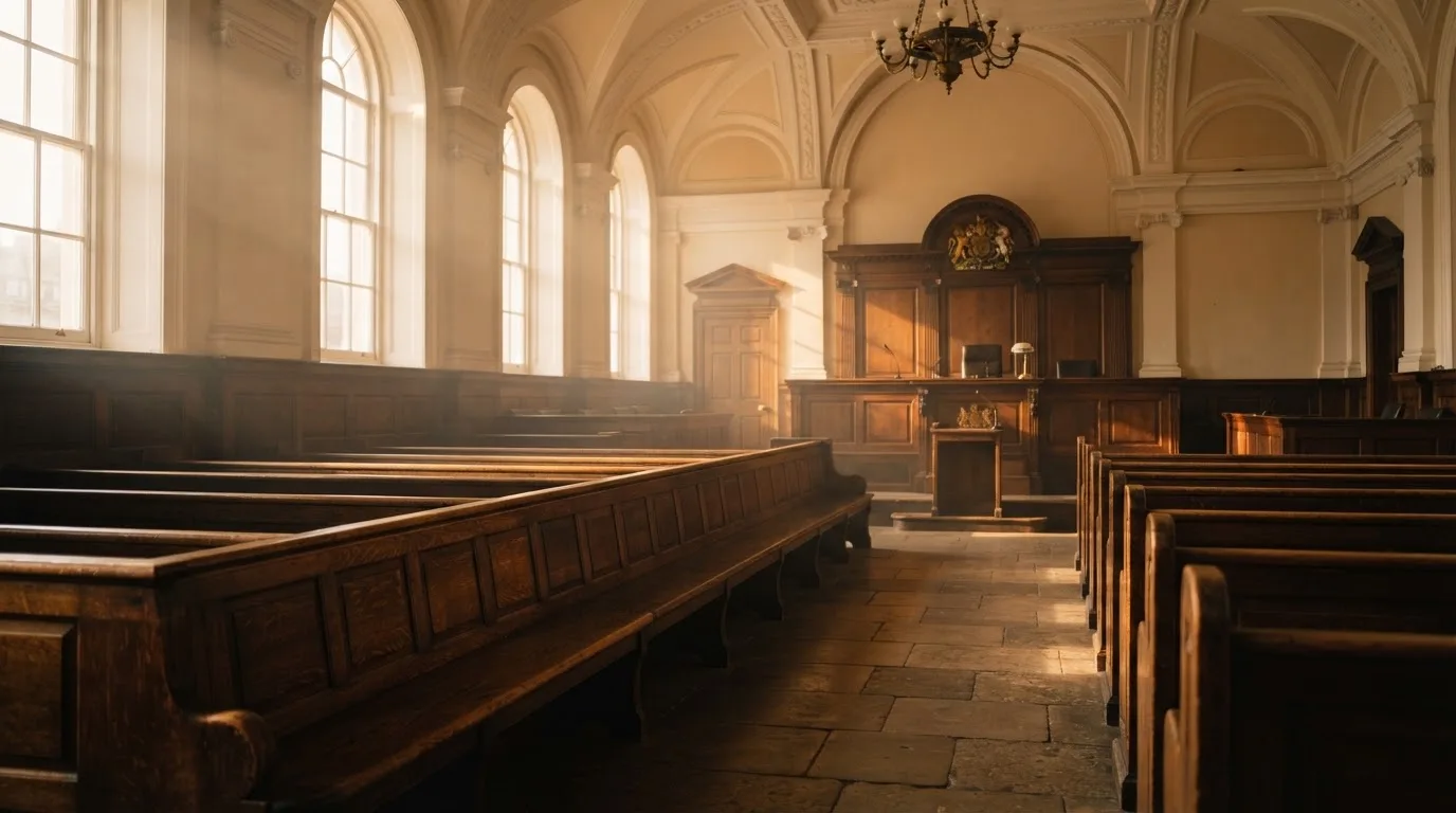 Een lege rechtszaal met houten banken in het ochtendlicht