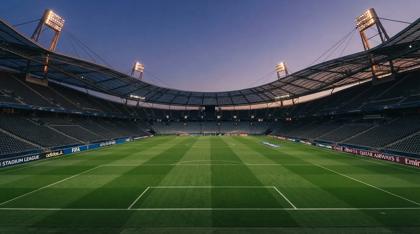 Een leeg voetbalstadion met lichtmasten bij schemering