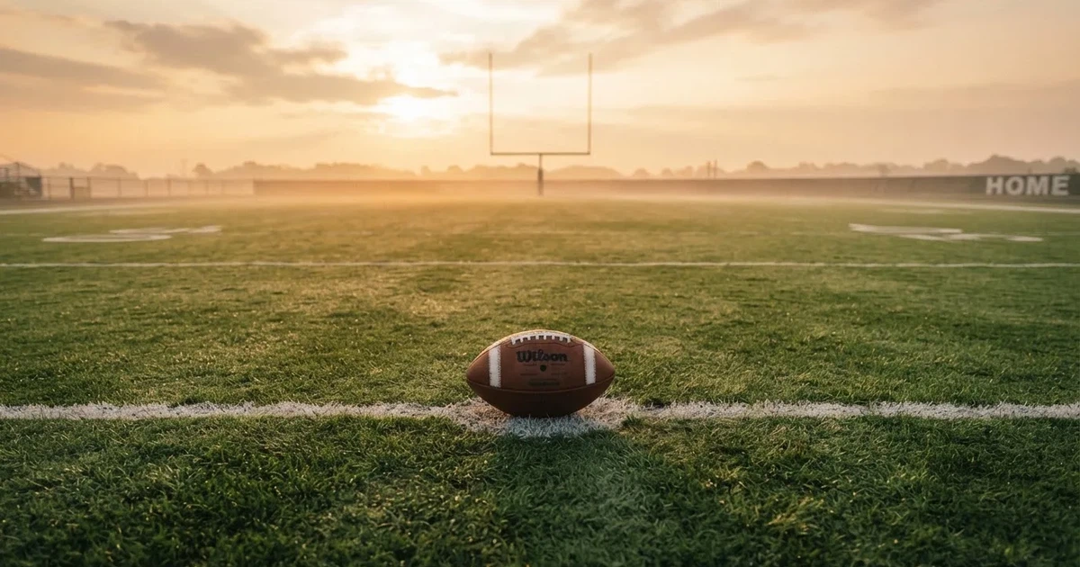 Een voetbal op de middenstip van een grasveld in het ochtendlicht