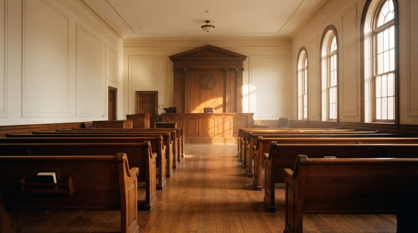 Een lege rechtszaal met houten banken in het ochtendlicht