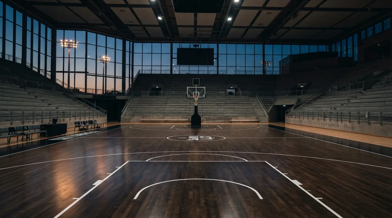 Een leeg voetbalstadion met lichtmasten bij schemering