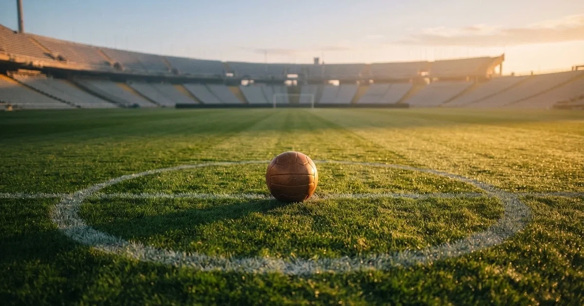 Een voetbal op de middenstip van een grasveld in het ochtendlicht