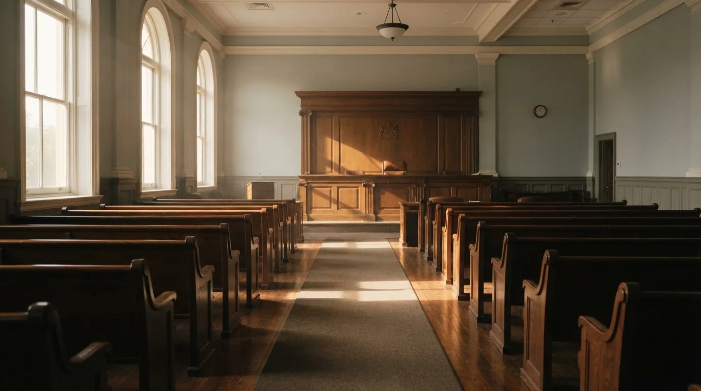 Een lege rechtszaal met houten banken in het ochtendlicht