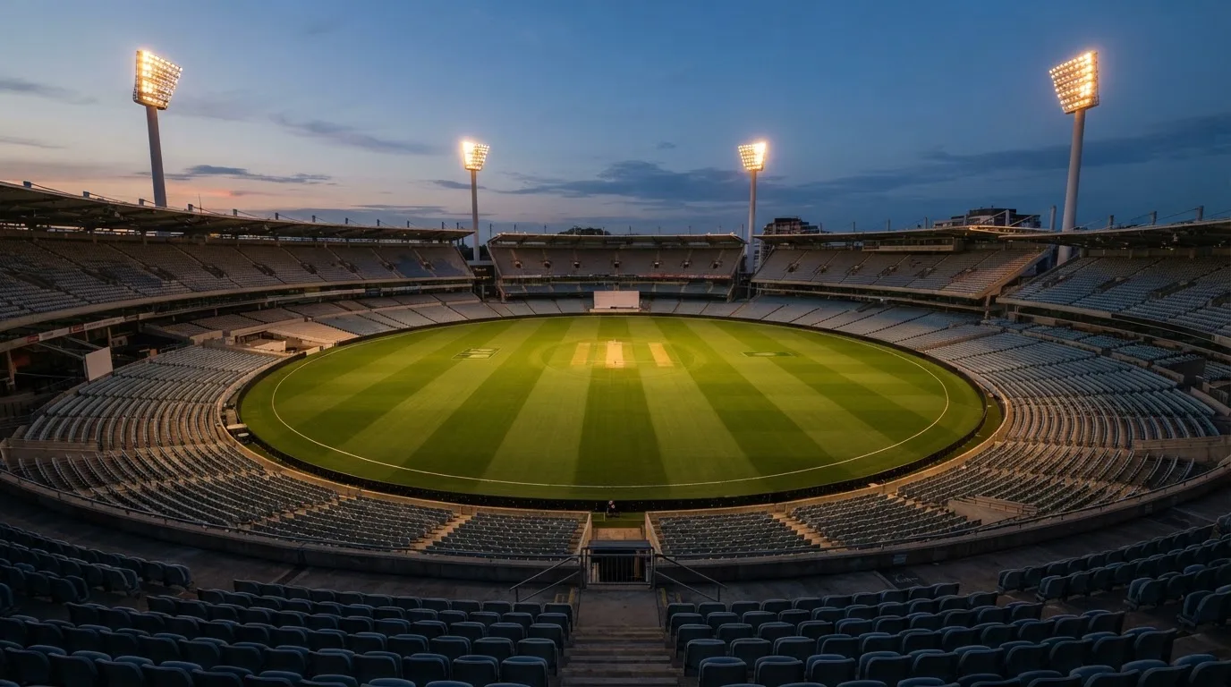Een leeg voetbalstadion met lichtmasten bij schemering