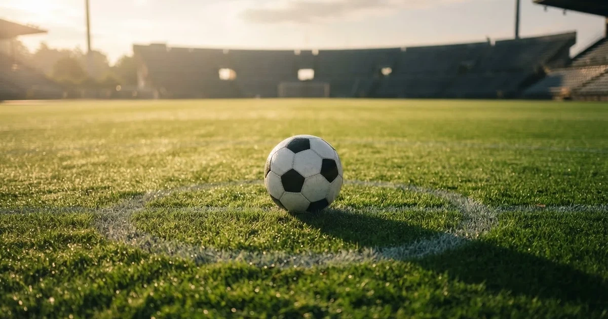 Een voetbal op de middenstip van een grasveld in het ochtendlicht