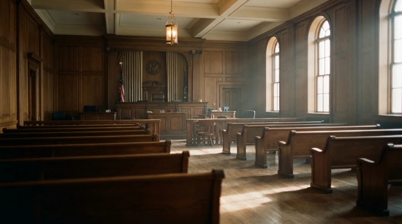 Een lege rechtszaal met houten banken in het ochtendlicht