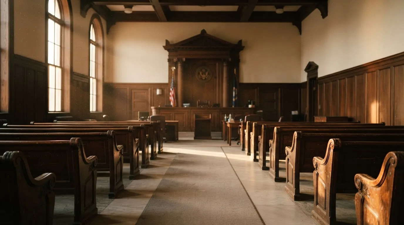 Een lege rechtszaal met houten banken in het ochtendlicht