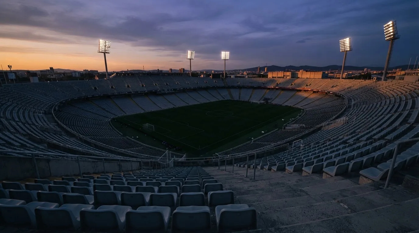 Een leeg voetbalstadion met lichtmasten bij schemering