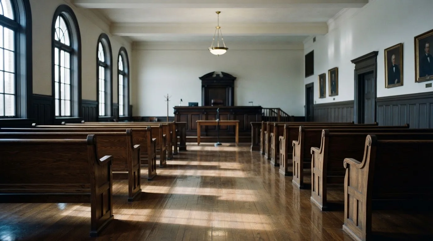 Een lege rechtszaal met houten banken in het ochtendlicht