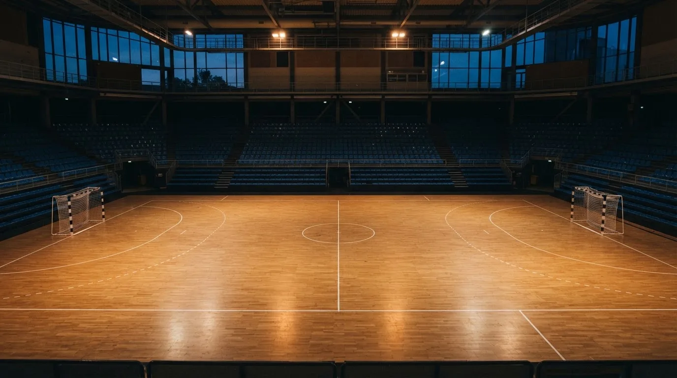 Een leeg voetbalstadion met lichtmasten bij schemering