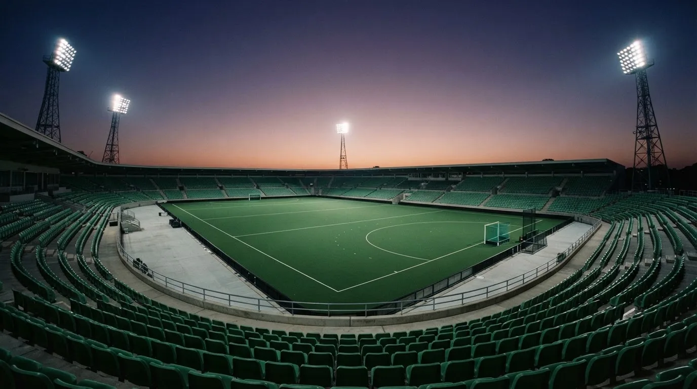 Een leeg voetbalstadion met lichtmasten bij schemering