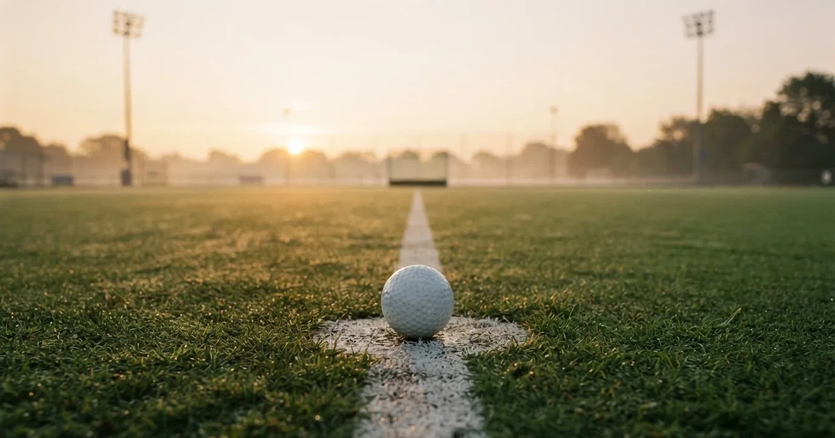 Een voetbal op de middenstip van een grasveld in het ochtendlicht