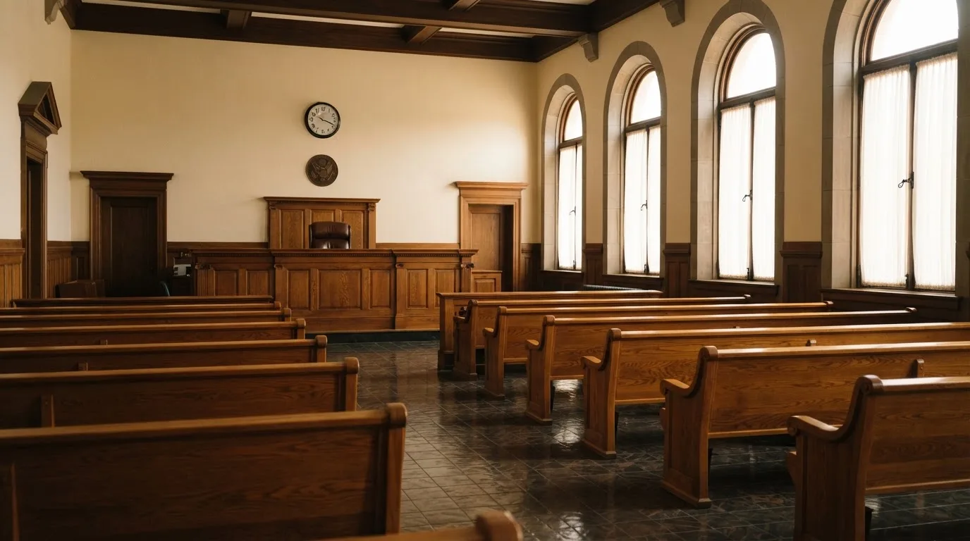 Een lege rechtszaal met houten banken in het ochtendlicht