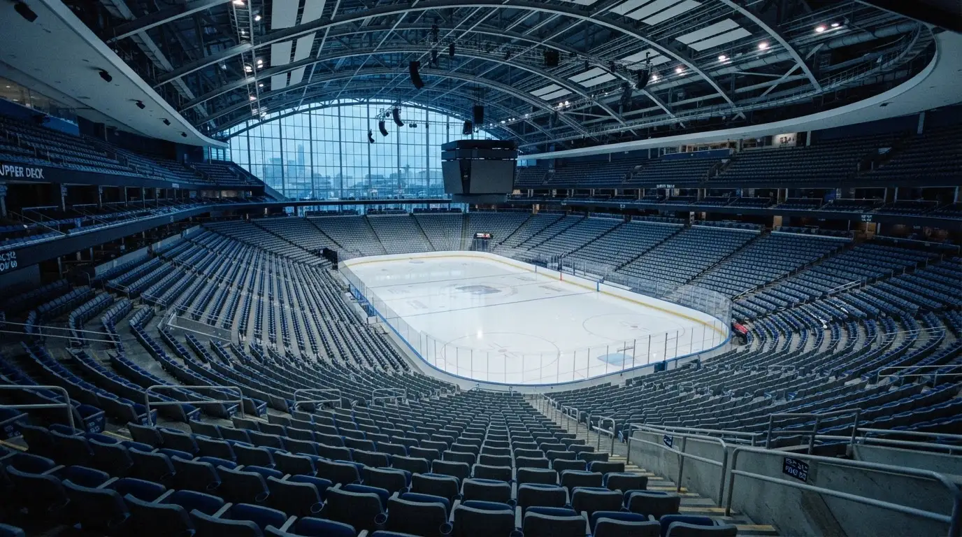Een leeg voetbalstadion met lichtmasten bij schemering