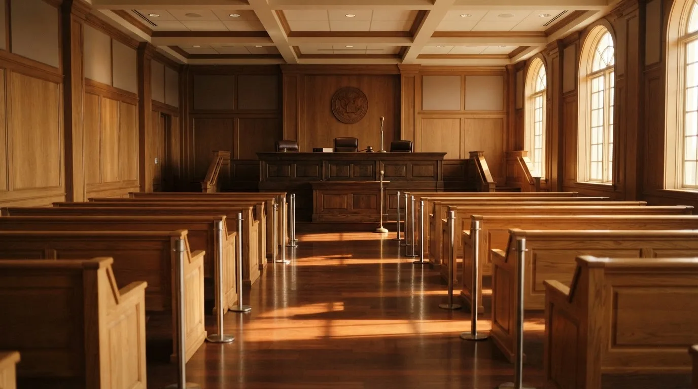Een lege rechtszaal met houten banken in het ochtendlicht