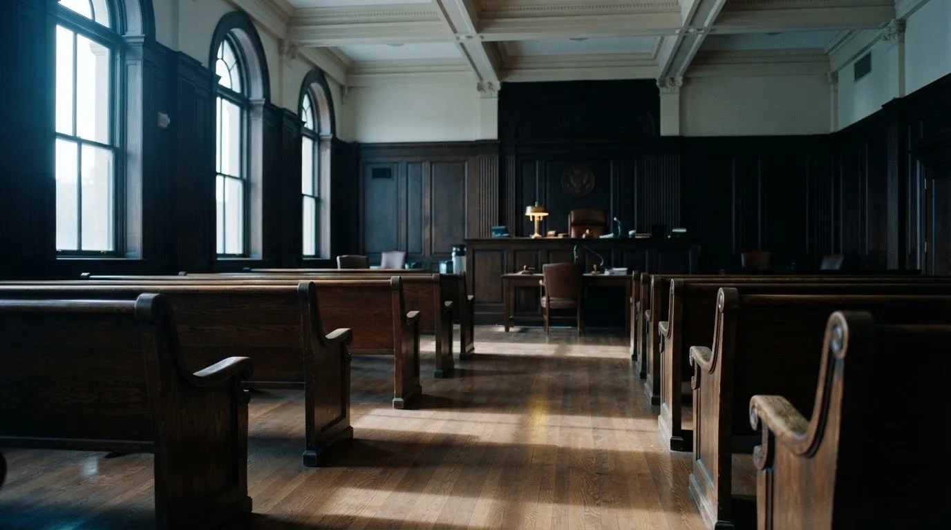 Een lege rechtszaal met houten banken in het ochtendlicht