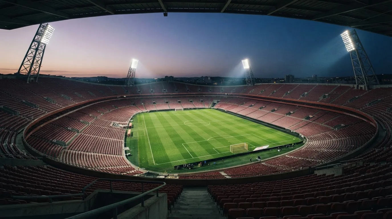 Een leeg voetbalstadion met lichtmasten bij schemering