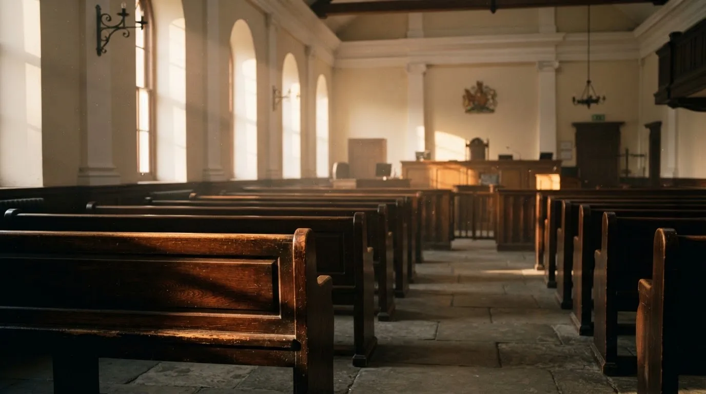 Een lege rechtszaal met houten banken in het ochtendlicht