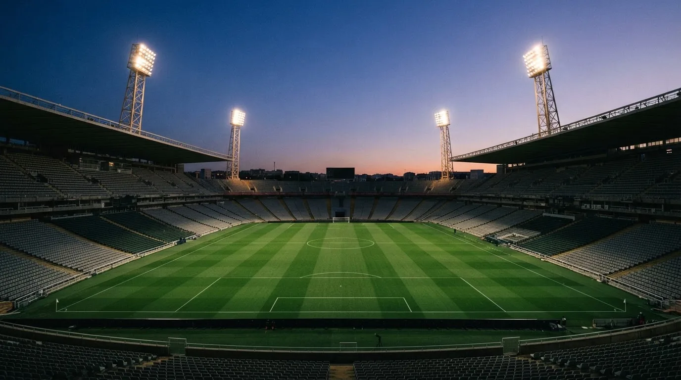 Een leeg voetbalstadion met lichtmasten bij schemering