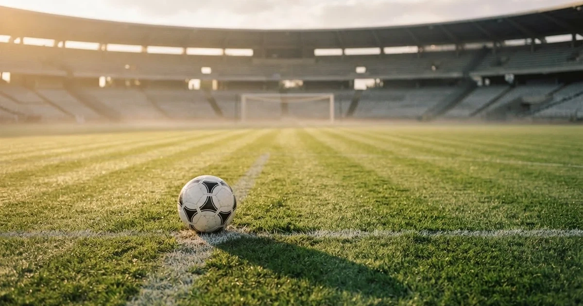 Een voetbal op de middenstip van een grasveld in het ochtendlicht