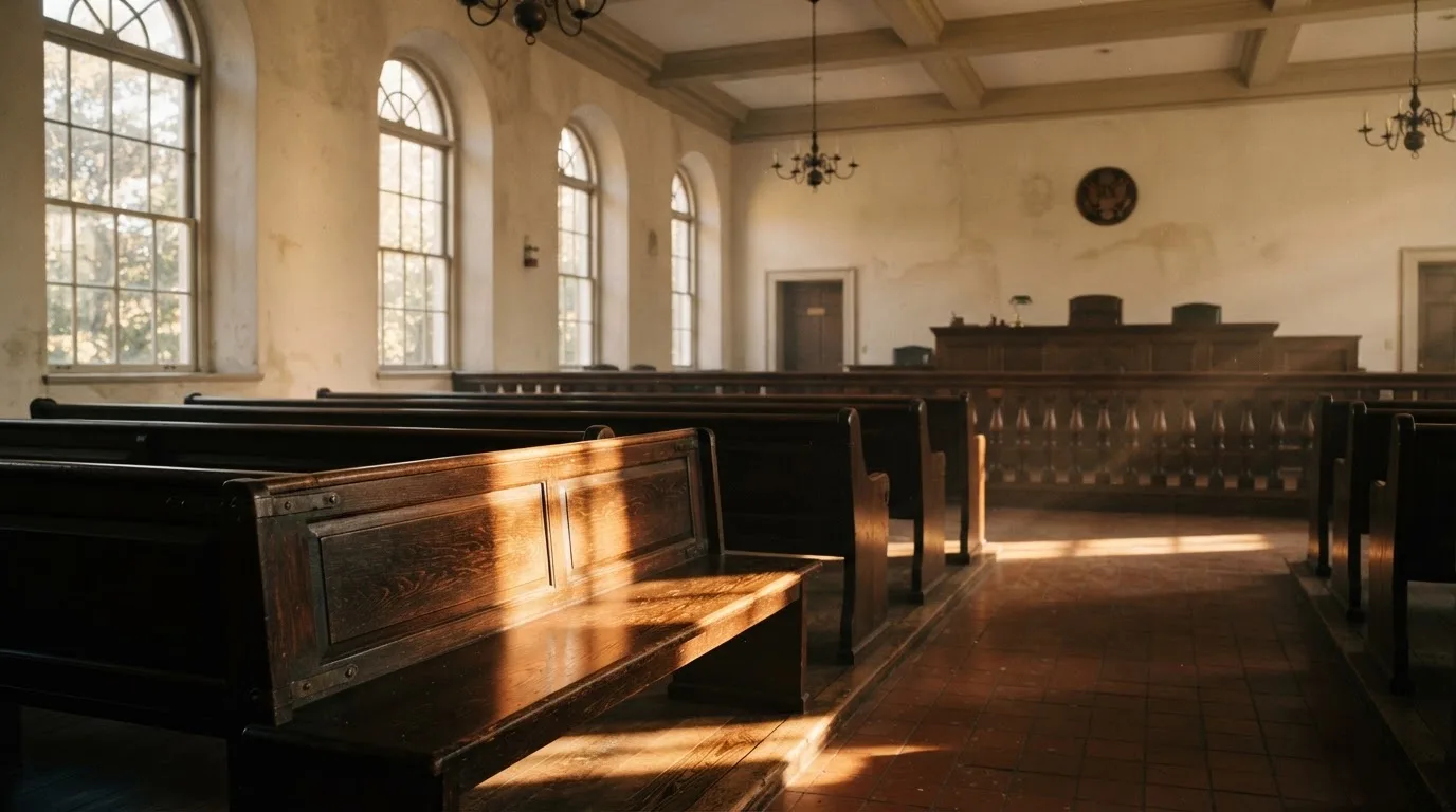 Een lege rechtszaal met houten banken in het ochtendlicht