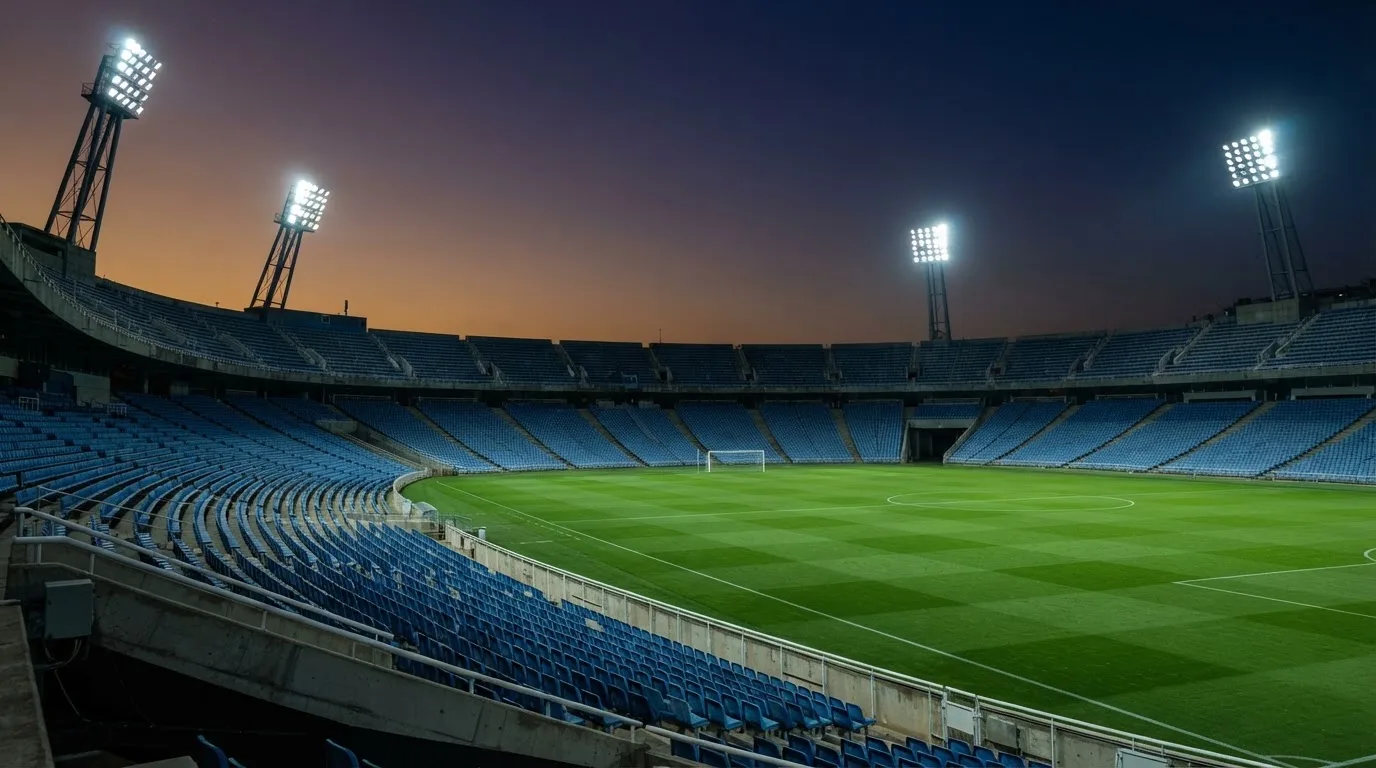 Een leeg voetbalstadion met lichtmasten bij schemering