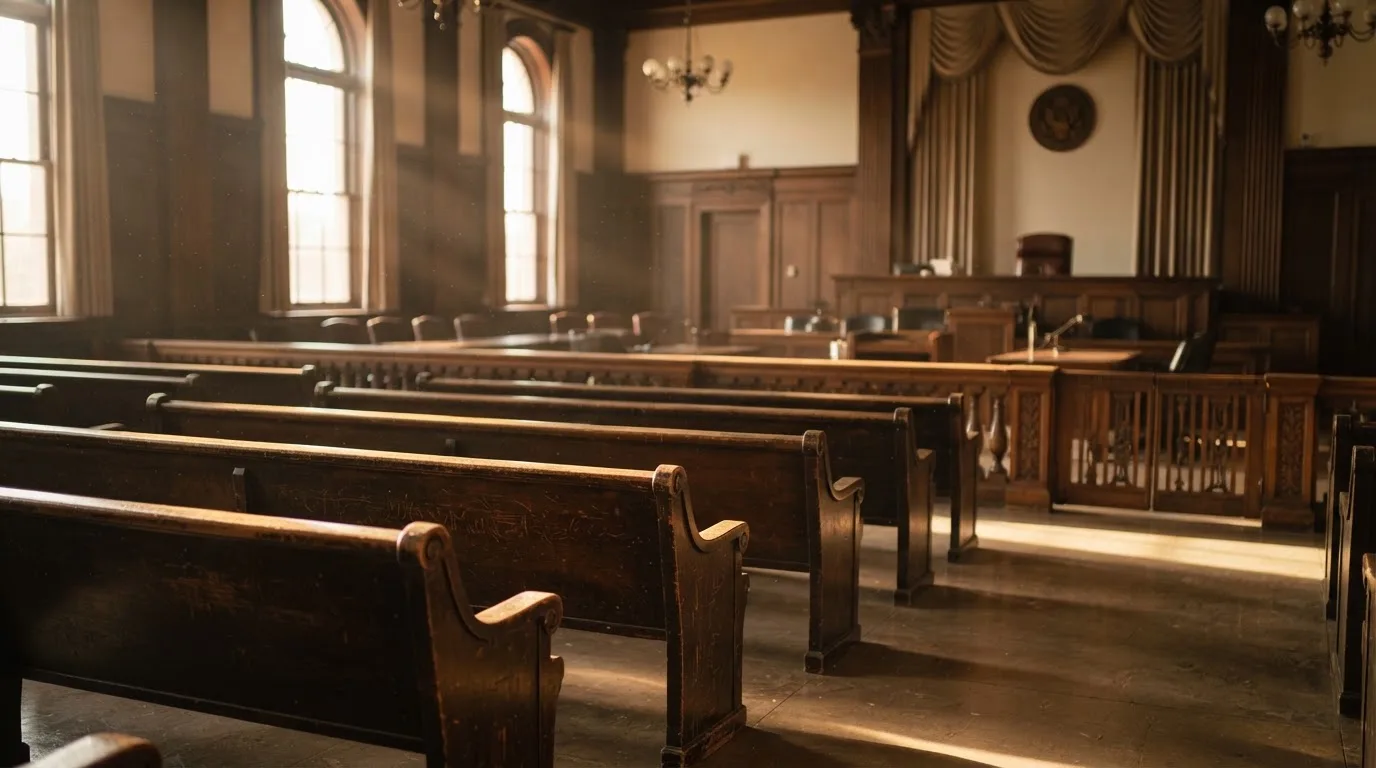 Een lege rechtszaal met houten banken in het ochtendlicht