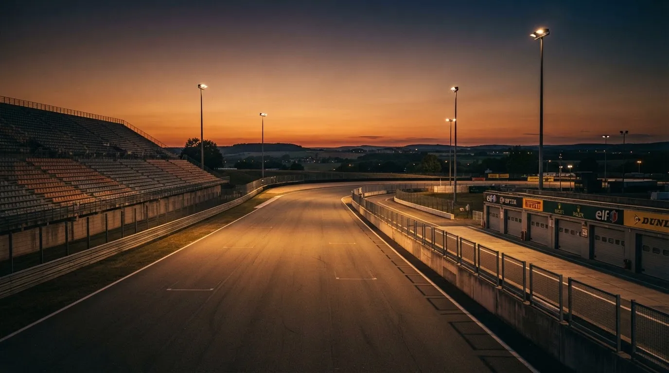 Een leeg voetbalstadion met lichtmasten bij schemering