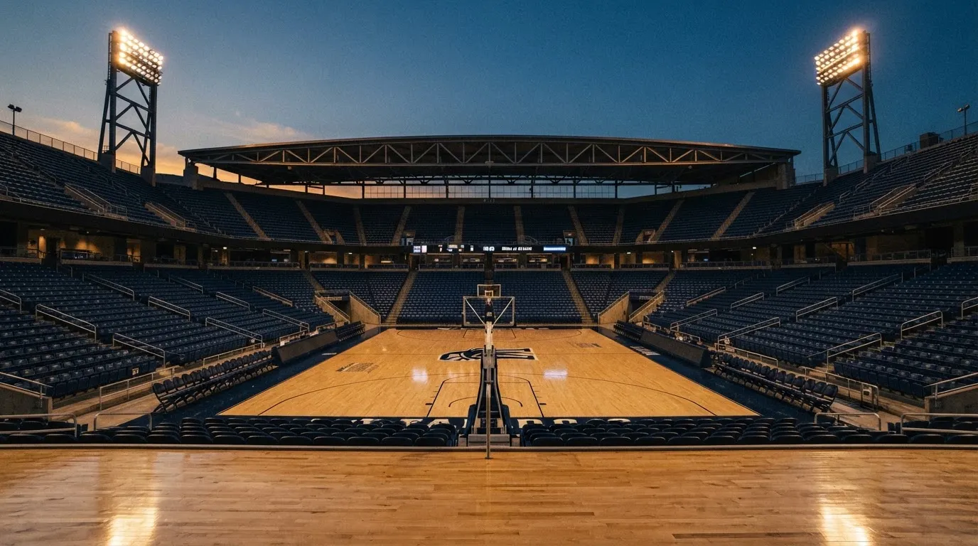 Een leeg voetbalstadion met lichtmasten bij schemering