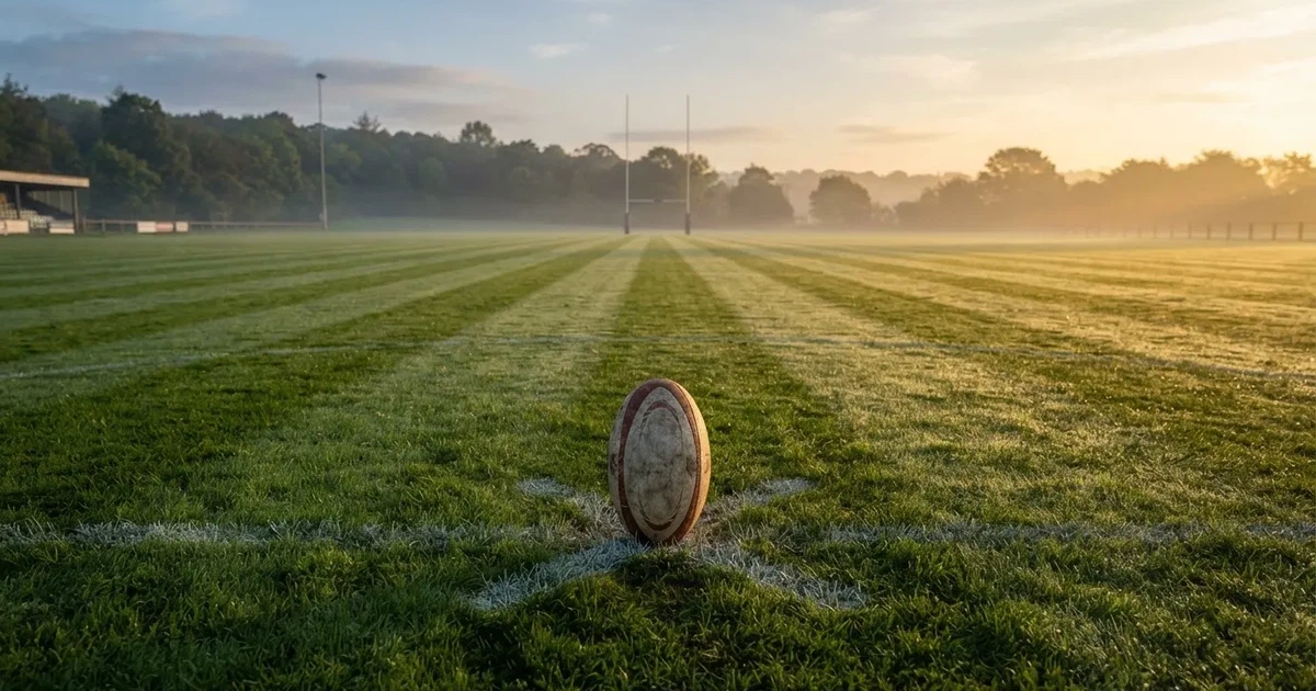 Een voetbal op de middenstip van een grasveld in het ochtendlicht