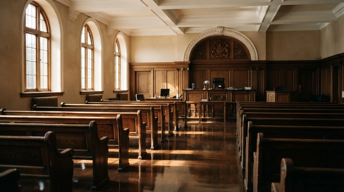 Een lege rechtszaal met houten banken in het ochtendlicht