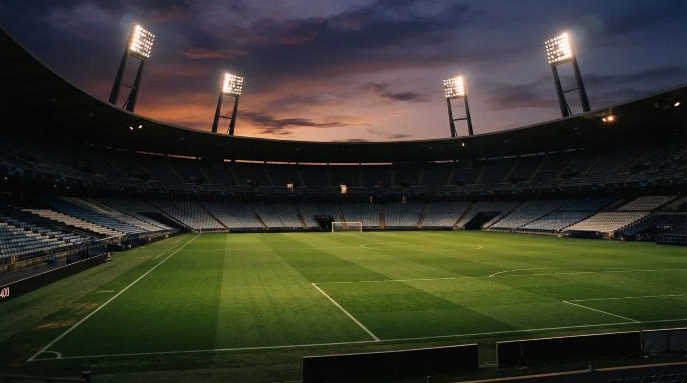 Een leeg voetbalstadion met lichtmasten bij schemering