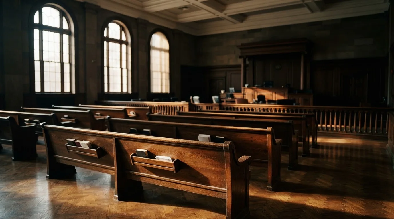 Een lege rechtszaal met houten banken in het ochtendlicht