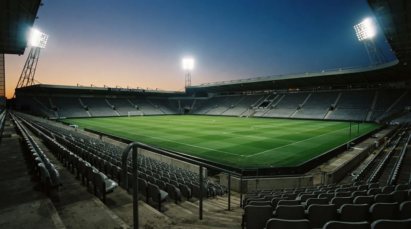 Een leeg voetbalstadion met lichtmasten bij schemering