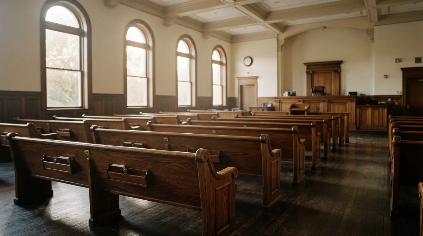 Een lege rechtszaal met houten banken in het ochtendlicht
