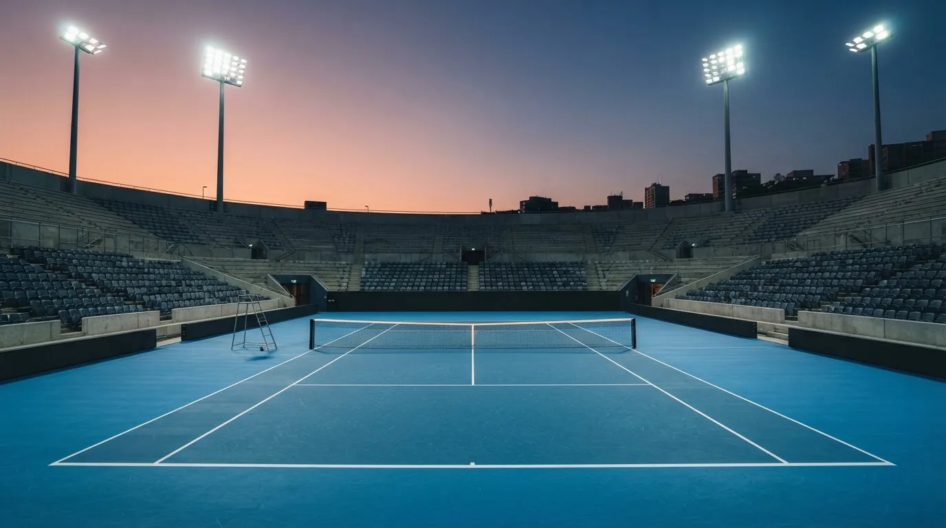 Een leeg voetbalstadion met lichtmasten bij schemering
