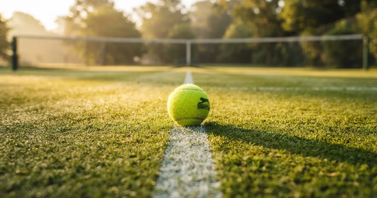 Een voetbal op de middenstip van een grasveld in het ochtendlicht