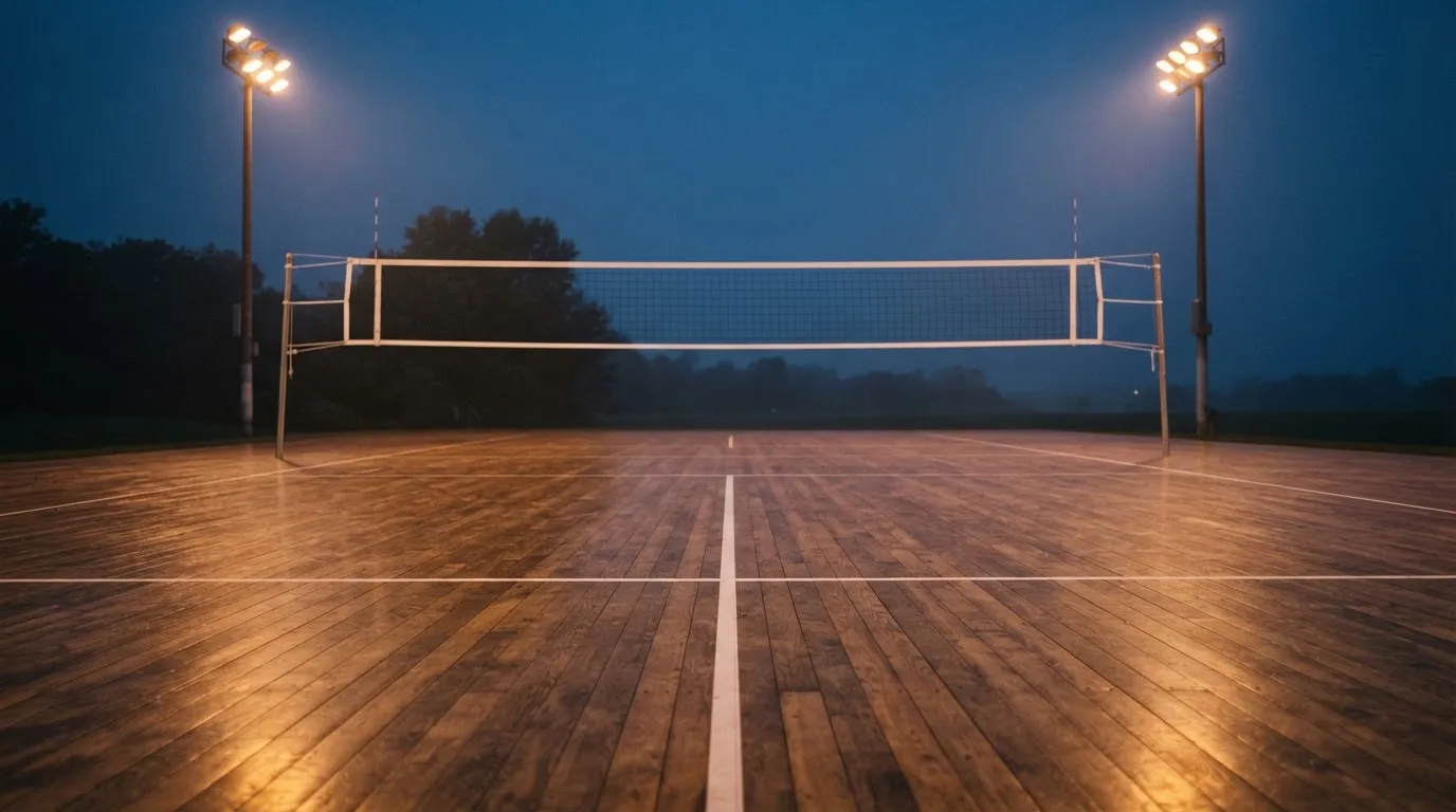 Een leeg voetbalstadion met lichtmasten bij schemering