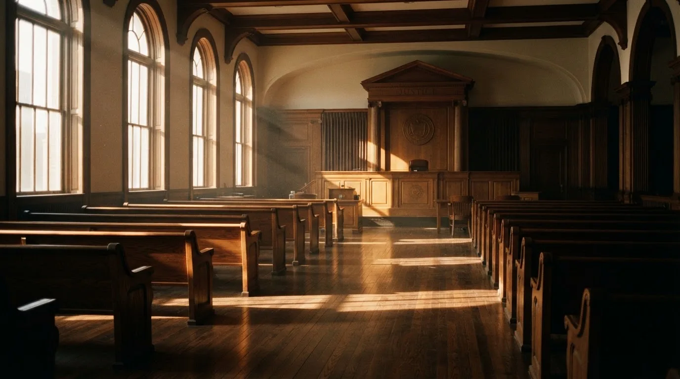Een lege rechtszaal met houten banken in het ochtendlicht