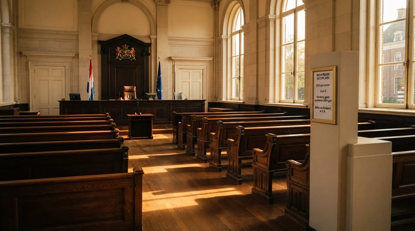 Een lege rechtszaal met houten banken in het ochtendlicht