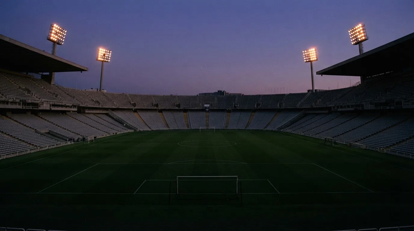 Een leeg voetbalstadion met lichtmasten bij schemering