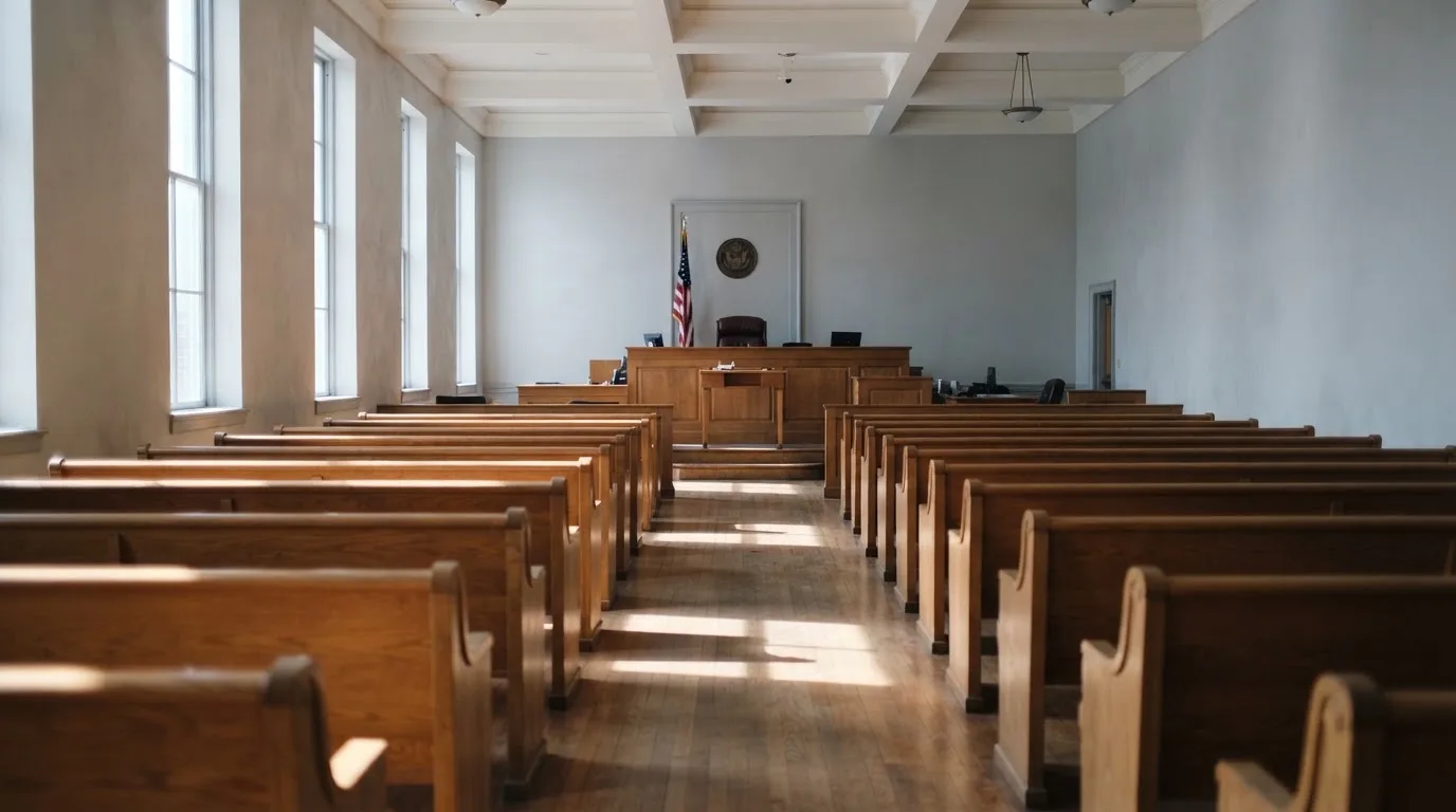 Een lege rechtszaal met houten banken in het ochtendlicht