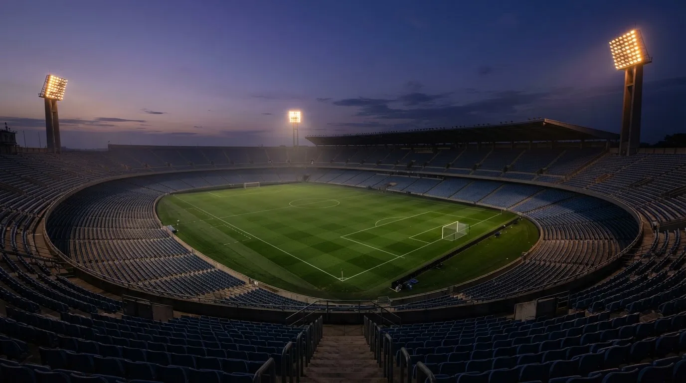 Een leeg voetbalstadion met lichtmasten bij schemering