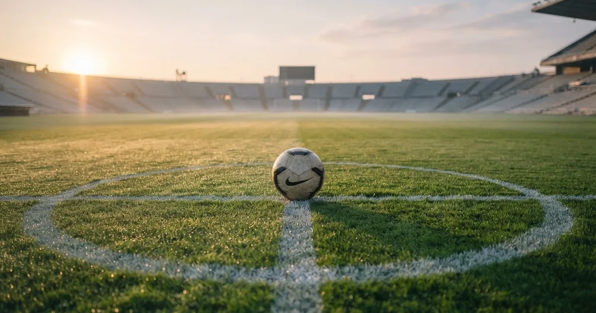 Een voetbal op de middenstip van een grasveld in het ochtendlicht