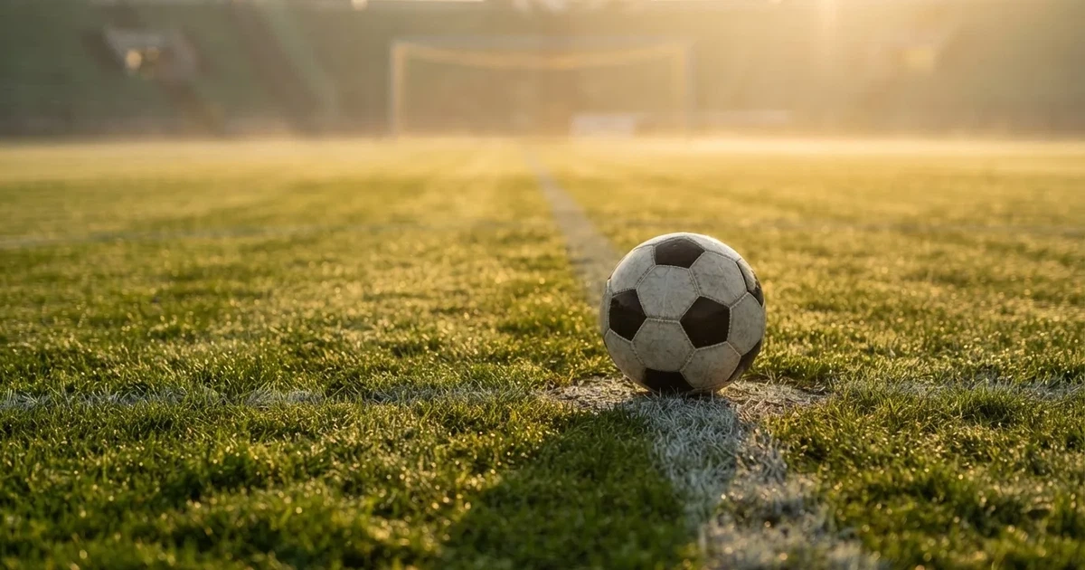 Een voetbal op de middenstip van een grasveld in het ochtendlicht