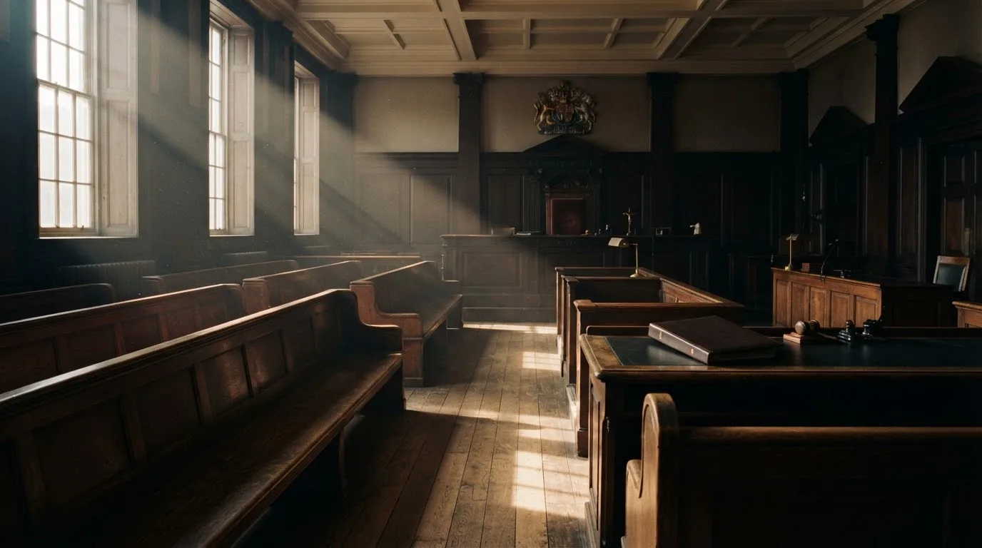 Een lege rechtszaal met houten banken in het ochtendlicht