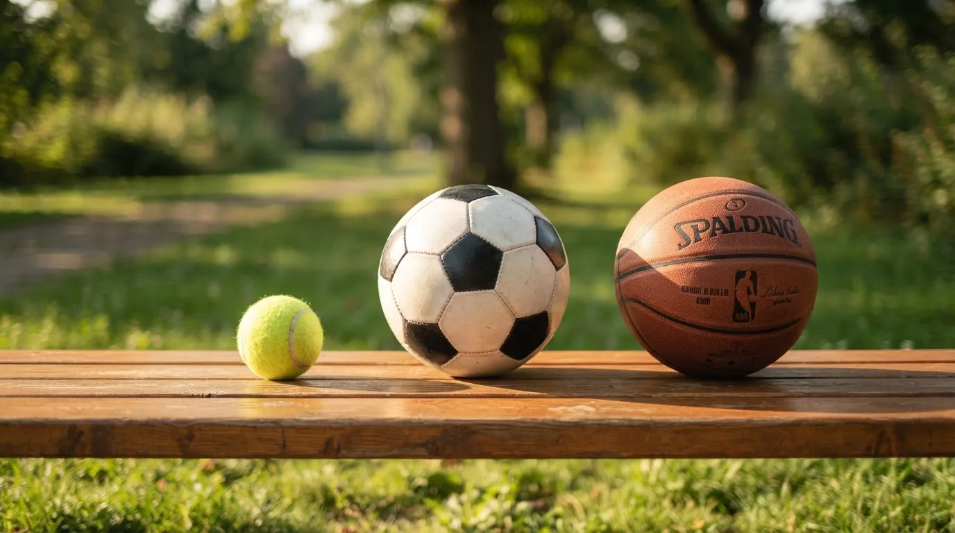 Drie ballen van verschillende soorten naast elkaar op een houten bank