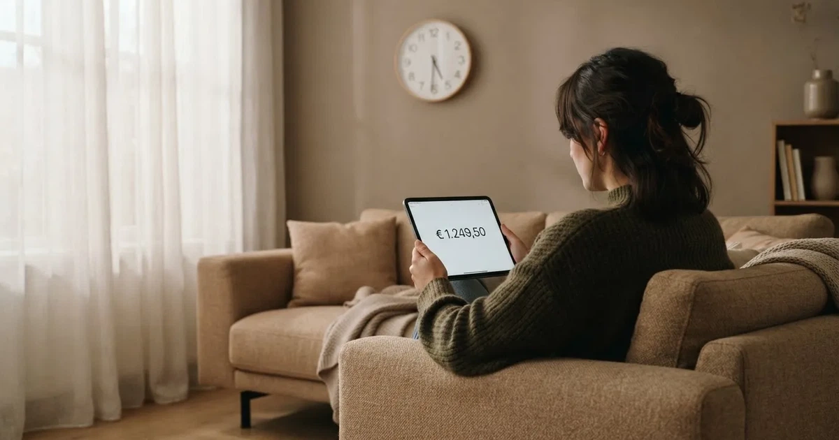 Een persoon op de bank kijkt peinzend naar een tablet, op de achtergrond een klok aan de muur