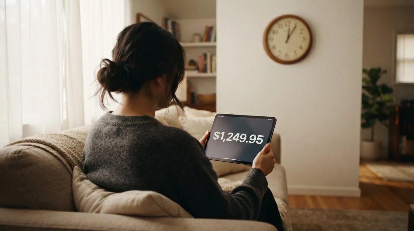 Een persoon op de bank kijkt peinzend naar een tablet, op de achtergrond een klok aan de muur